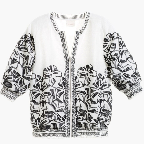 Chico's white linen black embroidered Smocked jacket size 1/Medium - Picture 4 of 10